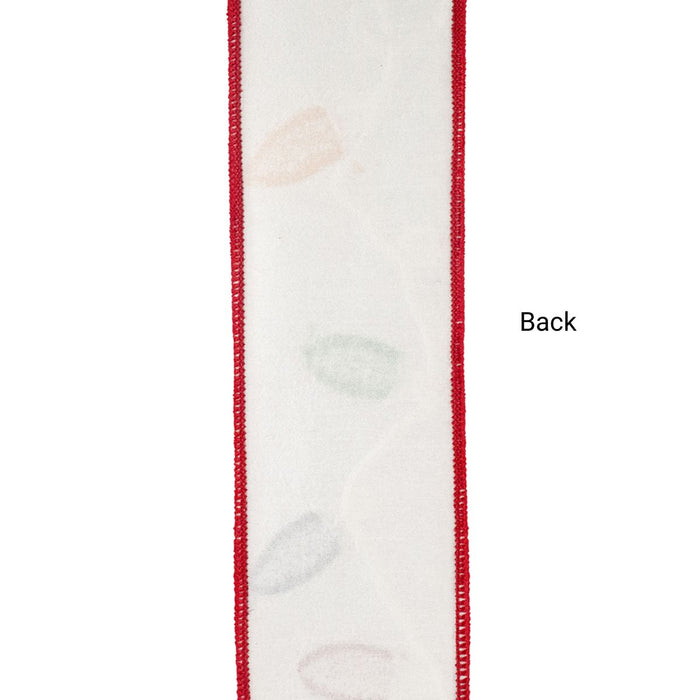 White wired Christmas ribbon with embroidered red, green and yellow Christmas lights and red wired edges, 2.5 inches x 5 yards, SKU 94558W-030-40D.
