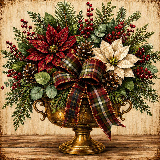 Christmas metal sign featuring red and cream poinsettias, cedar greenery, pinecones, winter berries, a plaid bow, and an antique gold urn. Exclusive Trendy Tree Design. SKU TTE-525.