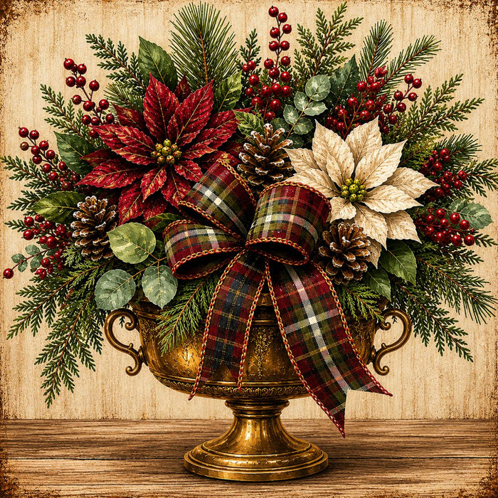Christmas metal sign featuring red and cream poinsettias, cedar greenery, pinecones, winter berries, a plaid bow, and an antique gold urn. Exclusive Trendy Tree Design. SKU TTE-525.