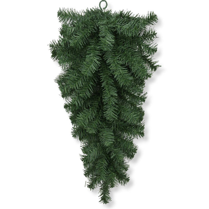The 24" Green Artificial Pine Christmas Teardrop Swag 82298-GN features dense, green, needle-like foliage hanging upside down to resemble a cluster of evergreen branches—ideal for wreath making or as festive Christmas door décor.