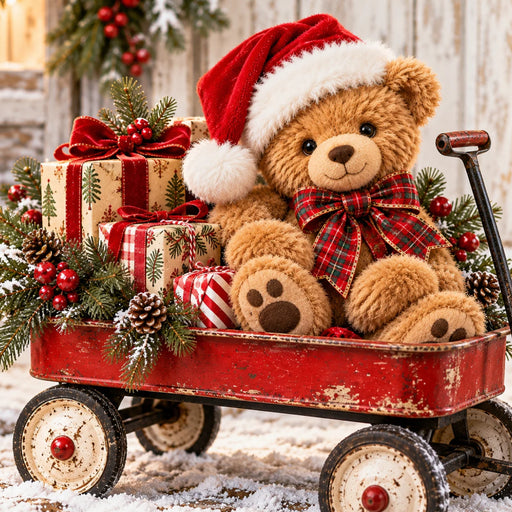 Christmas teddy bear wearing a red Santa hat and plaid bow, sitting in a rustic red wagon filled with wrapped presents, evergreen greenery, pinecones, and red berries. Flat metal wreath sign TTE-868.