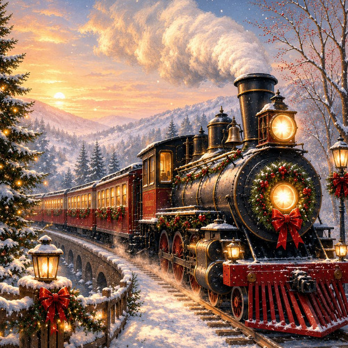 Christmas train 10 inch metal sign featuring a steam locomotive decorated with wreaths, garland and red bows traveling through snowy mountains at sunset, TTE-705.