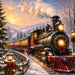 Christmas train 10 inch metal sign featuring a steam locomotive decorated with wreaths, garland and red bows traveling through snowy mountains at sunset, TTE-705.