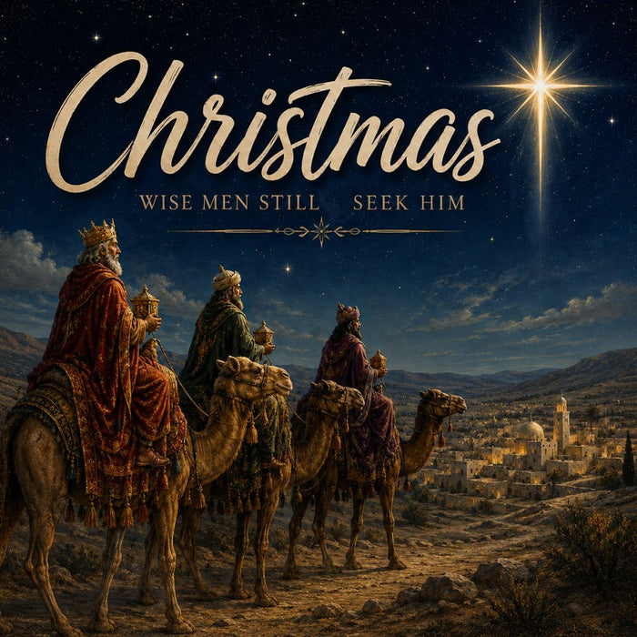 Christmas Wise Men Still Seek Him metal sign with Three Wise Men on camels beneath the Star of Bethlehem, TTE-589.