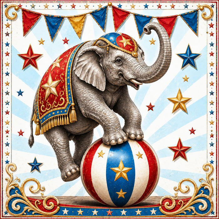 Circus elephant metal sign featuring elephant balancing on red white and blue ball with stars and pennant flags