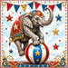 Circus elephant metal sign featuring elephant balancing on red white and blue ball with stars and pennant flags