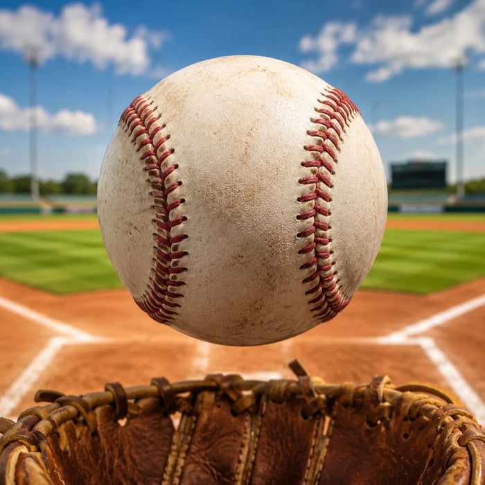 Flat metal baseball sign featuring a large, weathered white baseball with red stitching above a vintage brown leather baseball glove, with a baseball diamond, green outfield, stadium lights, and blue sky in the background. TTE-855.