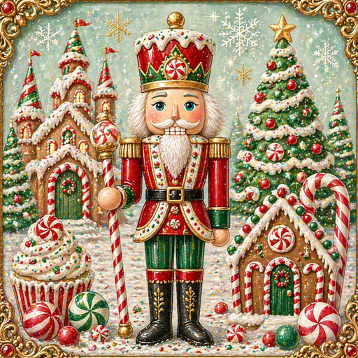 10 x 10 metal Christmas wreath sign featuring a classic Christmas Candyland nutcracker with gingerbread houses, peppermint candies, candy canes, cupcakes, and decorated Christmas trees. Exclusive Trendy Tree Design for deco mesh wreaths, grapevine wreaths, or framing. SKU TTE-492.