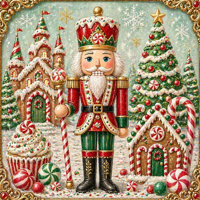 10 x 10 metal Christmas wreath sign featuring a classic Christmas Candyland nutcracker with gingerbread houses, peppermint candies, candy canes, cupcakes, and decorated Christmas trees. Exclusive Trendy Tree Design for deco mesh wreaths, grapevine wreaths, or framing. SKU TTE-492.