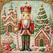 10 x 10 metal Christmas wreath sign featuring a classic Christmas Candyland nutcracker with gingerbread houses, peppermint candies, candy canes, cupcakes, and decorated Christmas trees. Exclusive Trendy Tree Design for deco mesh wreaths, grapevine wreaths, or framing. SKU TTE-492.