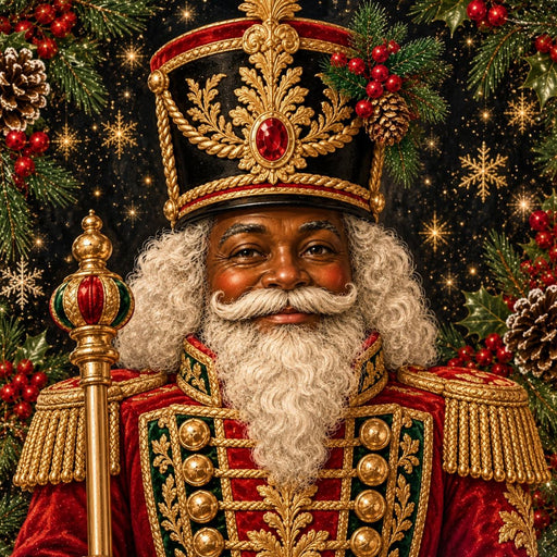 Classic Christmas nutcracker in red green black and gold with evergreen and berries TTE-821