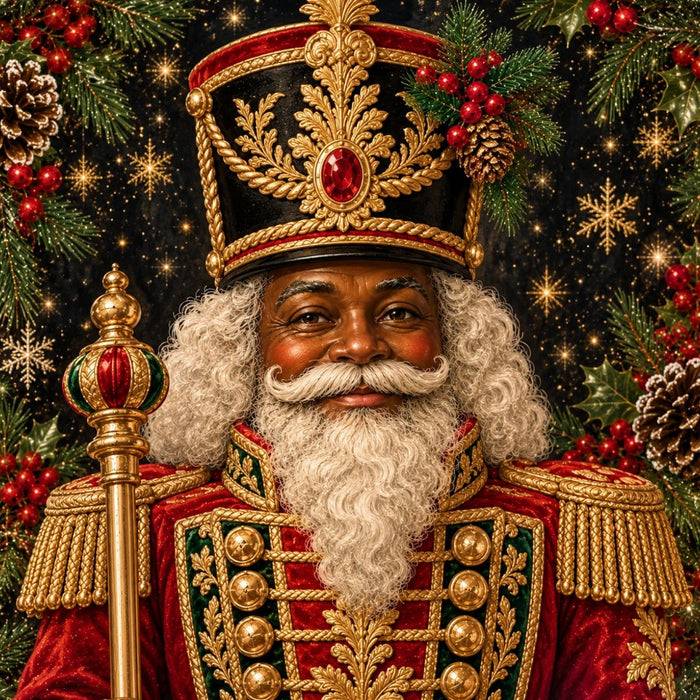 Classic Christmas nutcracker in red green black and gold with evergreen and berries TTE-821