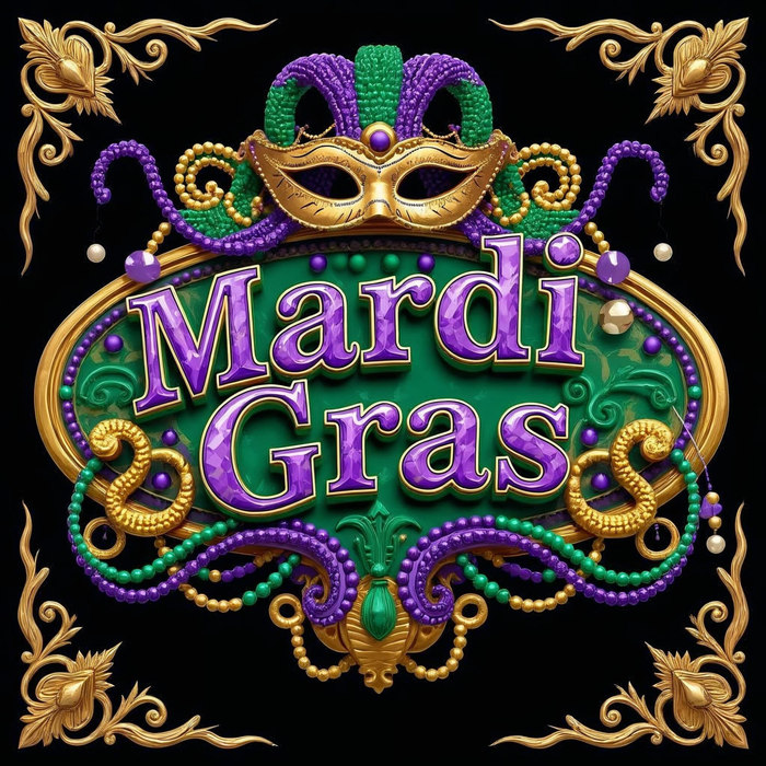 Mardi Gras sign featuring a gold mask, purple and green beads, ornate gold scrolls, and bold purple lettering.