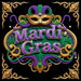 Mardi Gras sign featuring a gold mask, purple and green beads, ornate gold scrolls, and bold purple lettering.