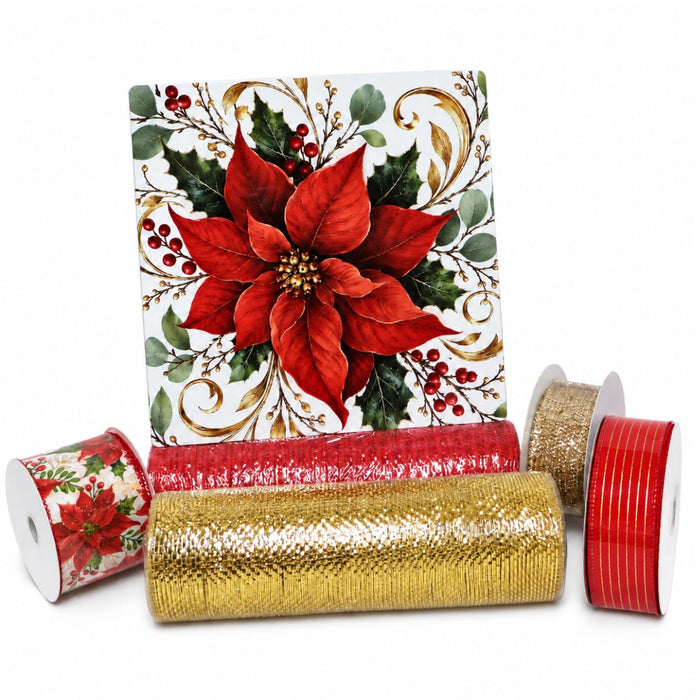 Classic poinsettia wreath supply bundle with a red poinsettia metal sign, red and gold deco mesh, and three coordinating wired ribbons.