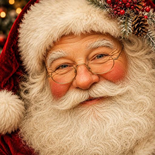 Close-up portrait of classic Santa Claus with glasses, white beard, red velvet hat, berries and pinecone