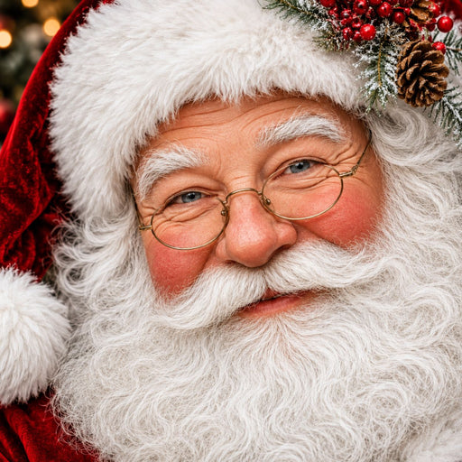 Close-up portrait of classic Santa Claus with glasses, white beard, red velvet hat, berries and pinecone
