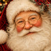Close-up portrait of classic Santa Claus with glasses, white beard, red velvet hat, berries and pinecone