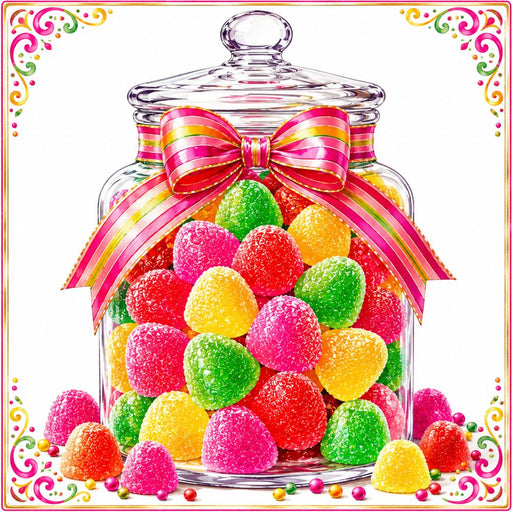 Colorful gumdrop candy jar metal sign with bright sugar-coated candies, striped pink bow, white background, and decorative scrollwork