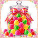 Colorful gumdrop candy jar metal sign with bright sugar-coated candies, striped pink bow, white background, and decorative scrollwork