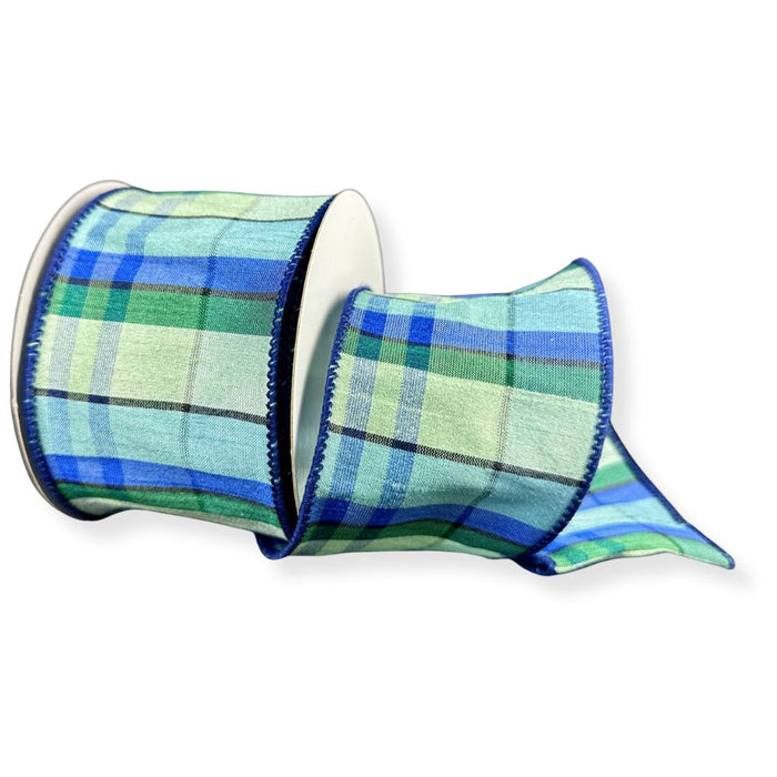 2.5-inch blue and green Conrad dupioni plaid wired ribbon on a 10-yard roll for wreaths, bows, garlands, and everyday decorating.