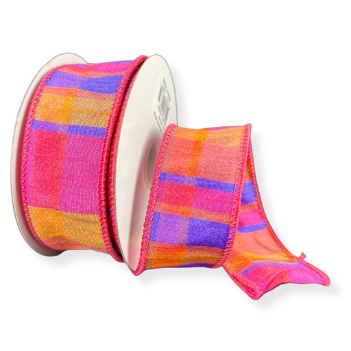 1.5-inch orange, fuchsia, and navy Conrad dupioni plaid wired ribbon on a 10-yard roll for wreaths, bows, garlands, and colorful seasonal decorating.