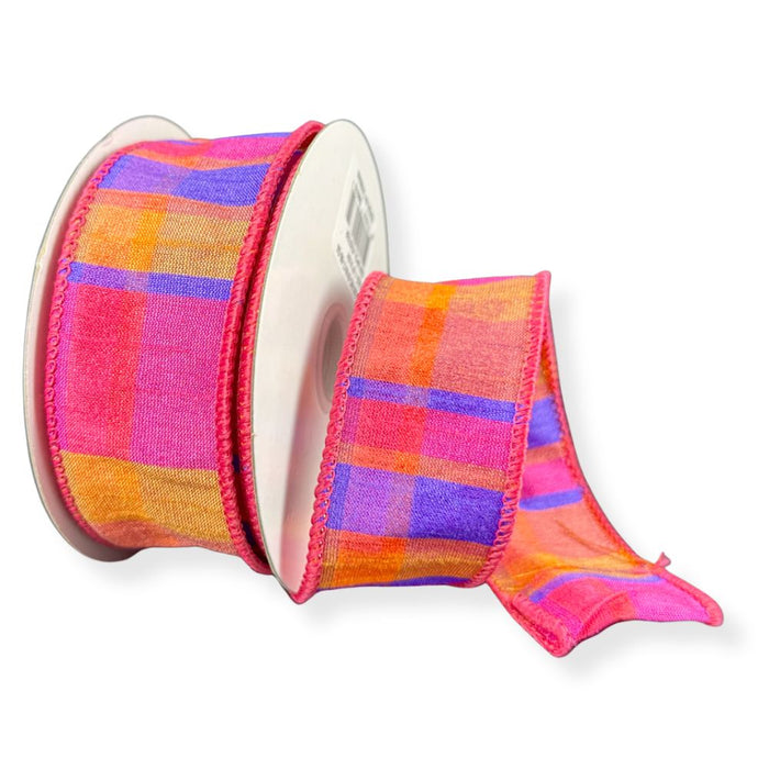 1.5-inch orange, fuchsia, and navy Conrad dupioni plaid wired ribbon on a 10-yard roll for wreaths, bows, garlands, and colorful seasonal decorating.