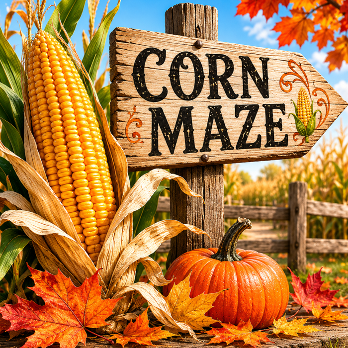 Corn Maze fall metal sign featuring a rustic wooden arrow sign, golden corn stalks, orange pumpkin, autumn leaves, and harvest farm décor theme.