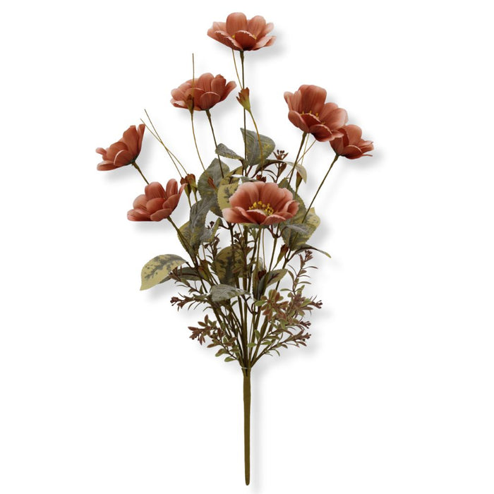 22-inch artificial brown cosmos bush with realistic brown blooms and greenery for wreaths, centerpieces, and floral arrangements.