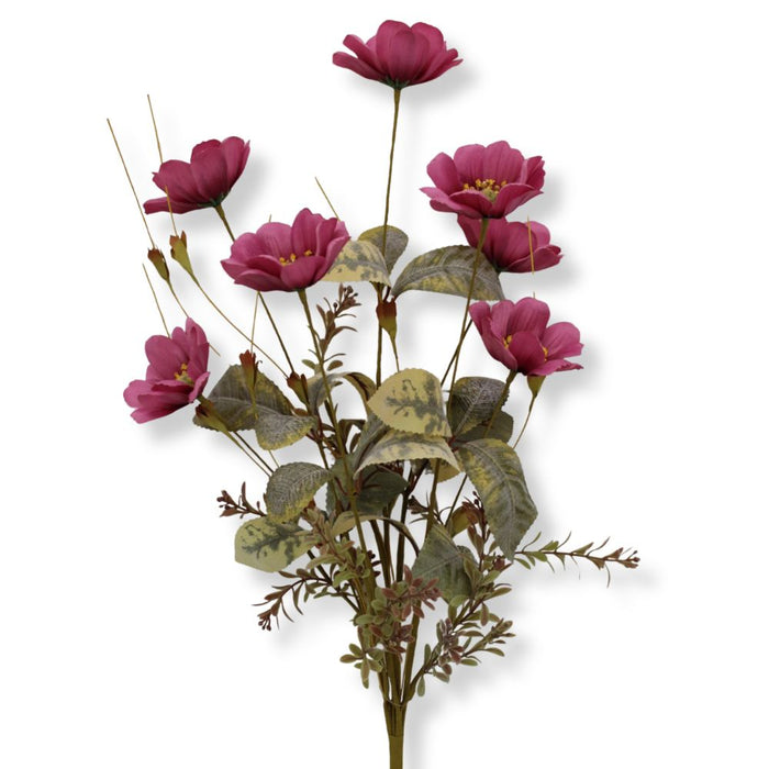 22-inch artificial mauve cosmos bush with realistic mauve blooms and greenery for wreaths, centerpieces, and floral arrangements.