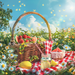 Picnic theme basket design printed on a 10" x 10" square metal sign with seasonal accents on a light rustic farmhouse background, suitable for summer wreath décor.