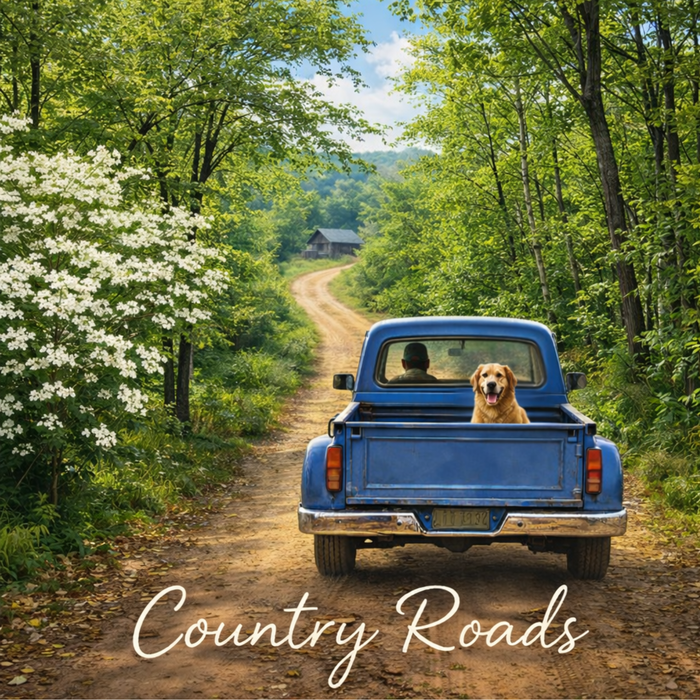 10 inch Country Roads blue truck spring metal wreath sign with dogwood tree and greenery for mesh or grapevine wreath accent SKU TTE-426