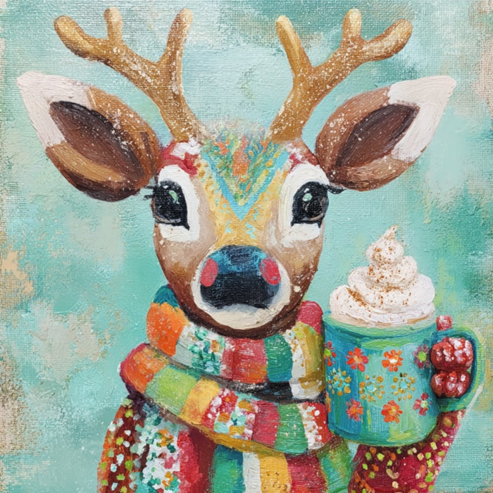 Enjoy a whimsical 10" x 10" Cozy Reindeer with Hot Cocoa Sign (TTE-338), featuring a lively deer in a striped scarf holding a blue floral mug of whipped cream, set against a charming teal backdrop.