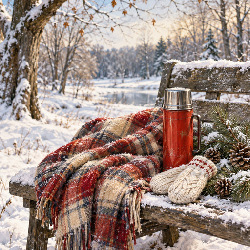 Cozy winter bench metal sign featuring a red plaid blanket, cream knit mittens, vintage red thermos, evergreen branches, and pinecones on a snow-covered wooden bench beside a peaceful winter landscape. TTE-850.