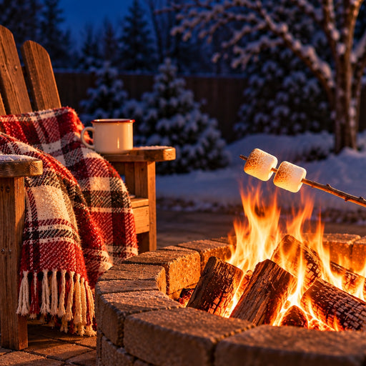 Cozy winter campfire metal sign featuring marshmallows roasting over a glowing fire pit, a wooden chair with a red plaid blanket, a white mug, and snow-covered evergreens at dusk, TTE-842.
