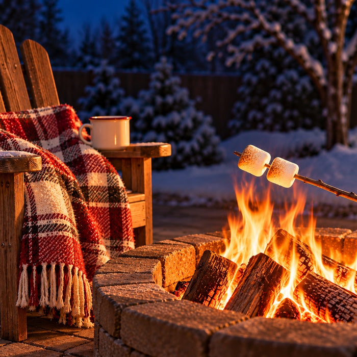 Cozy winter campfire metal sign featuring marshmallows roasting over a glowing fire pit, a wooden chair with a red plaid blanket, a white mug, and snow-covered evergreens at dusk, TTE-842.