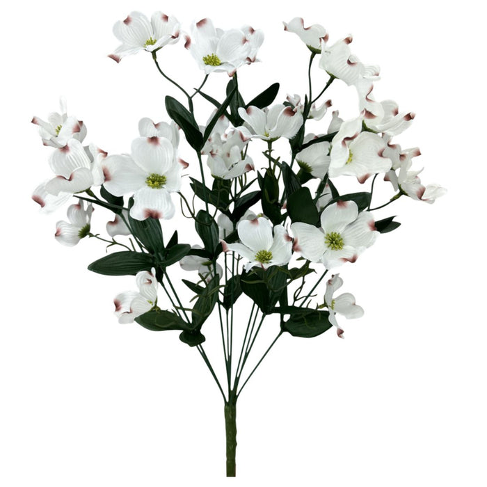 Artificial cream dogwood flower bush with green leaves, 20 inches long, 9 stems, SKU 64040CM.
