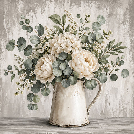 Cream florals eucalyptus pitcher metal sign 10 inch wreath accent neutral farmhouse decor Trendy Tree TTE-434