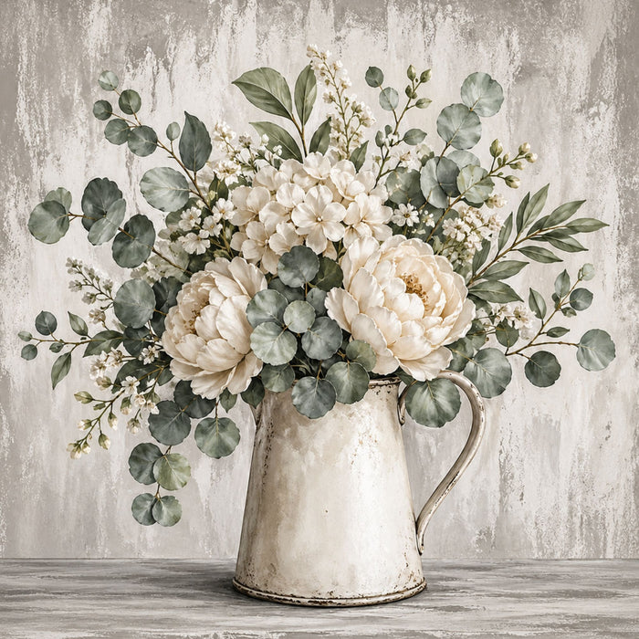 Cream florals eucalyptus pitcher metal sign 10 inch wreath accent neutral farmhouse decor Trendy Tree TTE-434