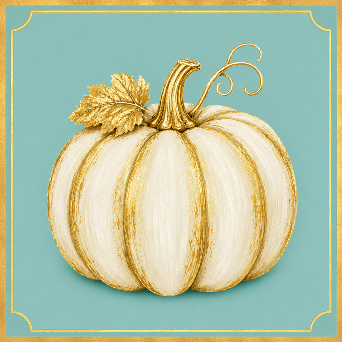 Cream and gold pumpkin metal sign on a light teal background with an elegant decorative gold border.