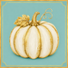 Cream and gold pumpkin metal sign on a light teal background with an elegant decorative gold border.