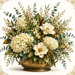 Cream hydrangea and magnolia floral arrangement with eucalyptus and greenery in an antique brass urn on a white background.