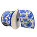 Cream linen wired ribbon with blue fall toile pattern featuring pumpkins, flowers, leaves, and acorns.