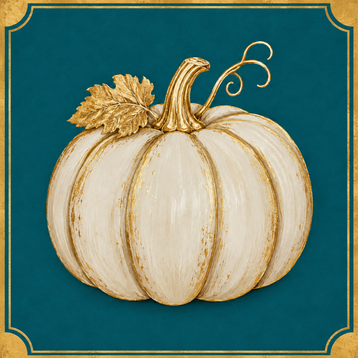 Cream pumpkin with gold stem, leaf and accents on a rich teal background with an elegant gold border.