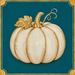 Cream pumpkin with gold stem, leaf and accents on a rich teal background with an elegant gold border.