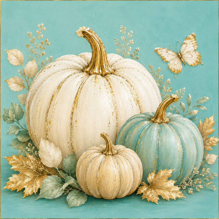 Cream and teal pumpkins with gold accents, autumn leaves, greenery and a butterfly on a light teal background.