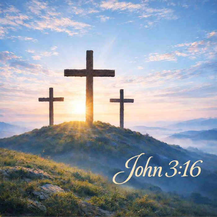 10 inch John 3:16 Crosses on the Hill metal sign with blue sky background, designed as a wreath accent for Easter wreaths, faith decor, and Christian home decor.
