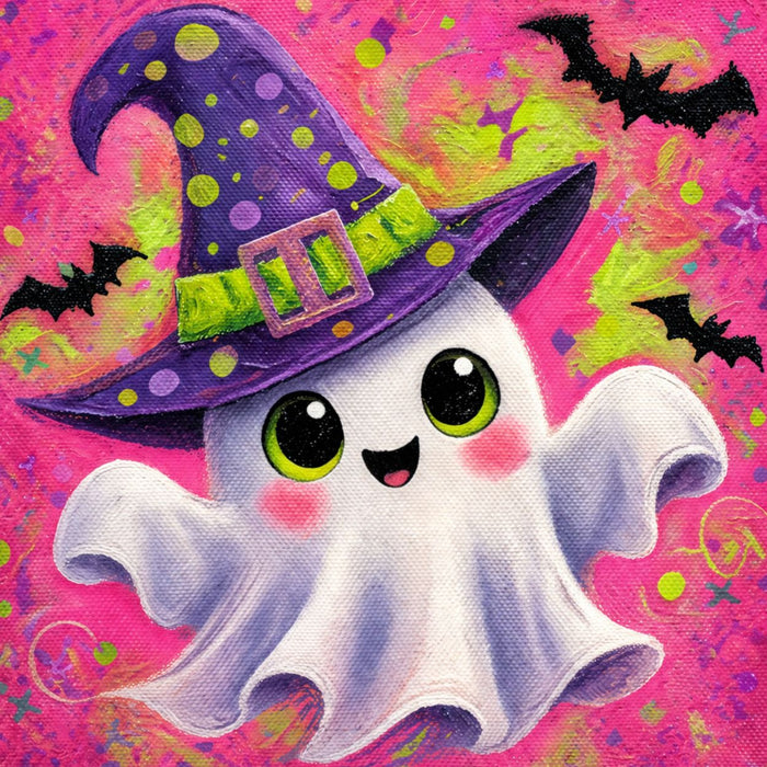 Cute white ghost wearing a purple witch hat on a hot pink Halloween background with lime green accents and black bats.