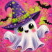 Cute white ghost wearing a purple witch hat on a hot pink Halloween background with lime green accents and black bats.