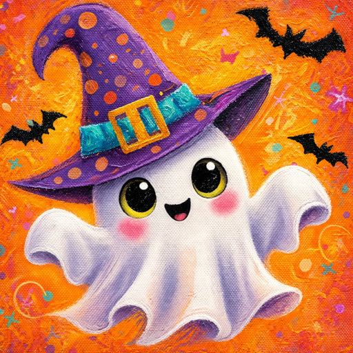 Cute white ghost wearing a purple polka dot witch hat on a bright orange Halloween background with colorful accents and black bats.